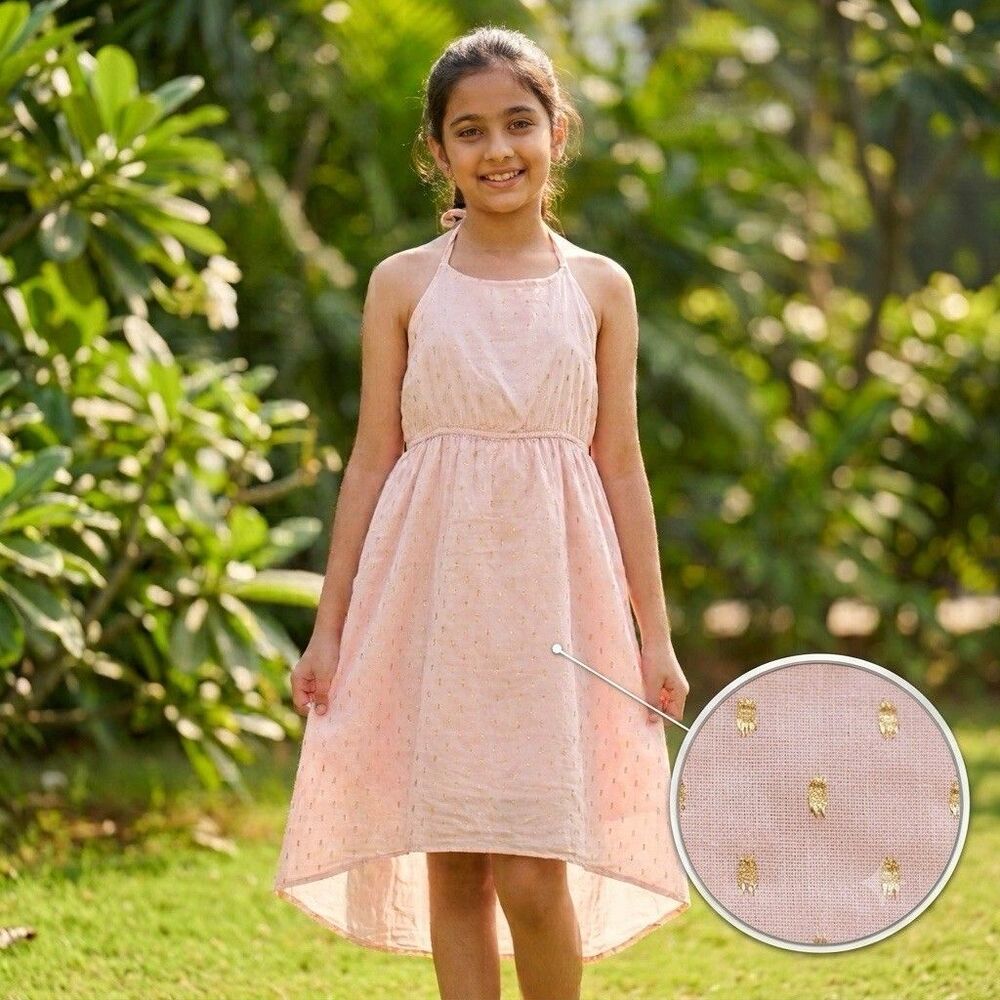Old Navy Girls XL 14 Pink Metallic Gold Dot Halter Dress High Low Cotton Lined